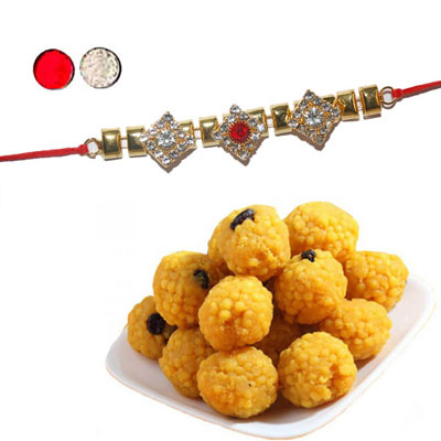 "Stone Studded Rakhi - SR-9260 A (Single Rakhi), 500gms of Laddu - Click here to View more details about this Product